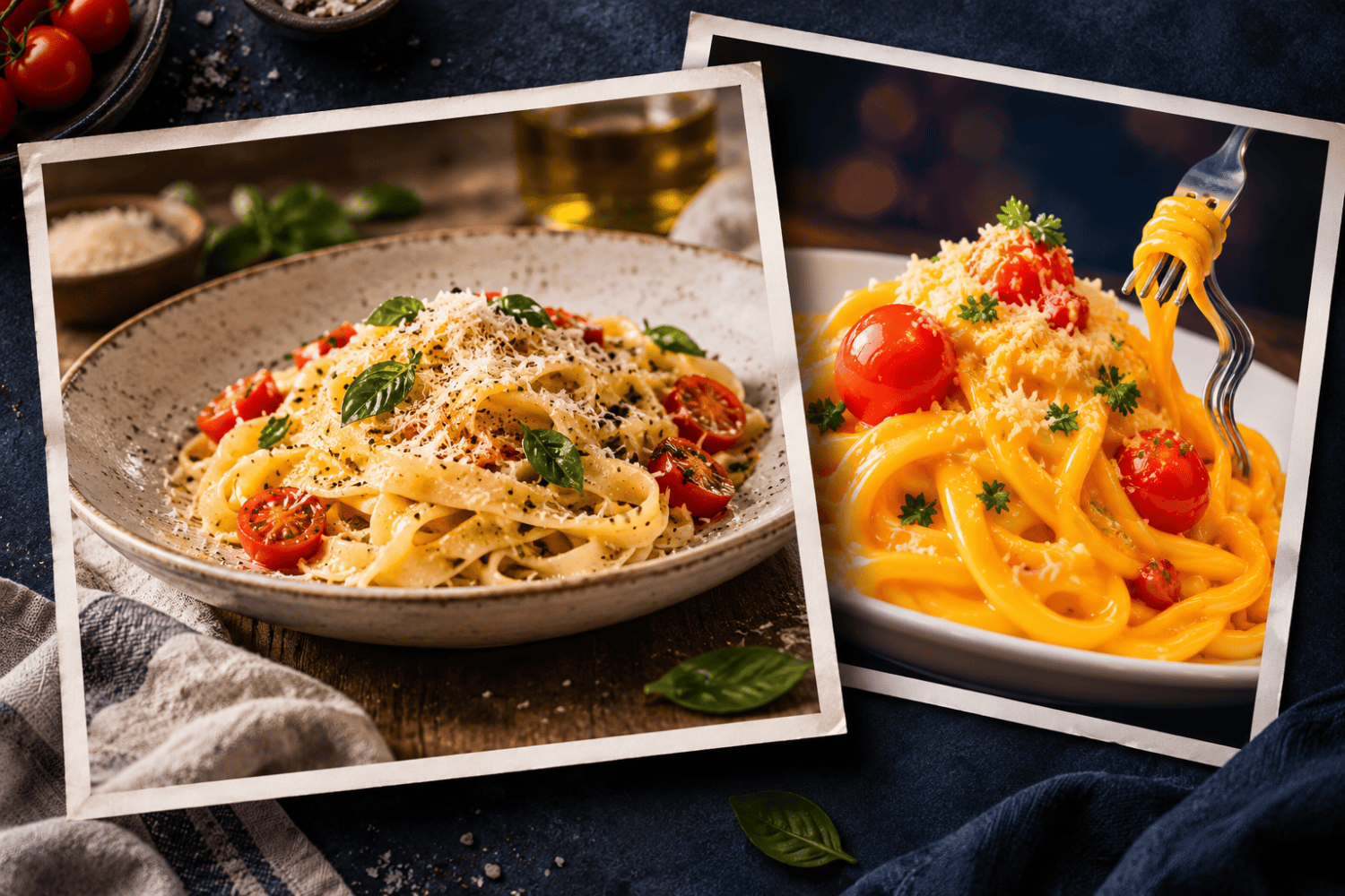 Jak zrobić menu restauracji z AI? Gastro-Płock.pl Dwie nakładające się odbitki z makaronem: naturalnie wyglądające danie z przodu i jaskrawa, sztuczna potrawa w tle.