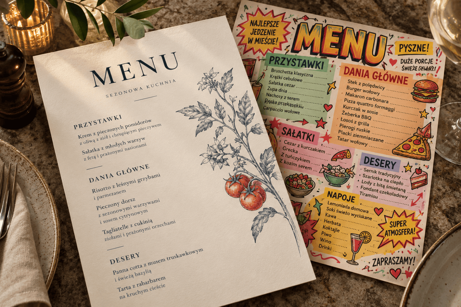 Jak zrobić menu restauracji z AI? Gastro-Płock.pl Dwie nakładające się karty menu: elegancka i czytelna z przodu, kolorowa i przeładowana w tle.