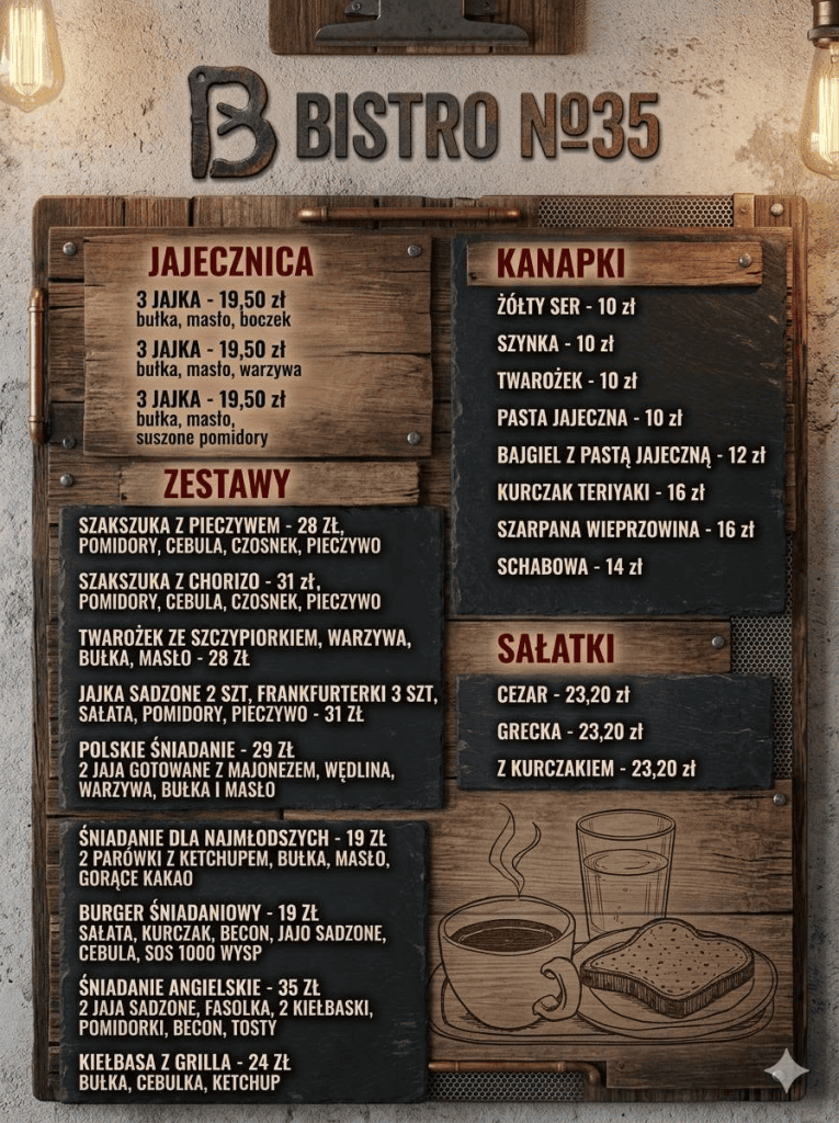 Menu śniadaniowe Bistro No 35 z cenami